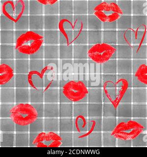 Arrière-plan tendance avec coeurs et lèvres rouges aquarelles sur rayures grises sans couture motif. Aquarelle peinte à la main rayures de couleur ancienne texture grunge. PR Banque D'Images