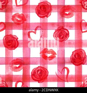 Arrière-plan tendance avec coeurs rouges aquarelles, lèvres, roses sur rayures rouges à carreaux motif sans couture. Aquarelle peinte à la main rayures de couleur ancienne texture grunge. Banque D'Images