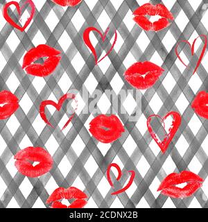 Arrière-plan vintage avec coeurs, lèvres, roses d'aquarelle rouge sur des rayures noires sans couture motif. Aquarelle peint à la main rayures vieux grunge textur Banque D'Images