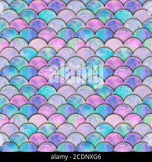 Motif japonais sans couture Mermaid Fish Scale Wave. Aquarelle fond coloré dessiné à la main avec une ligne dorée. Aquarelle met la texture en forme. Papier Banque D'Images