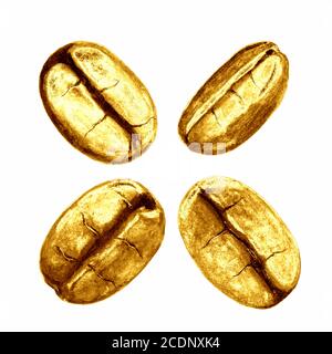 Ensemble de grains de café dorés isolés sur fond blanc. Illustration jaune or dessinée à la main. Icône, symbole, signe, logo. Banque D'Images