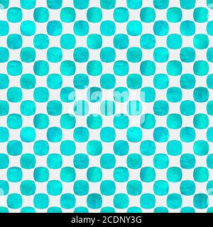 Motif géométrique sans couture avec formes de cercle turquoise turquoise coulis d'aquarelle grunge sur fond blanc. Aquarelle dessin main potka point monochrome textur Banque D'Images