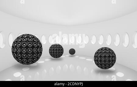 Fresque Illustration de 3D boule de cristal doré sur fond décoratif tunnel vide papier peint de la chambre. Art moderne graphique . Banque D'Images