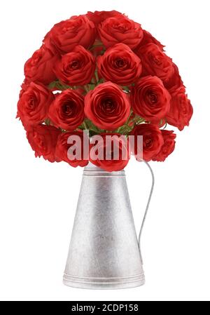 Bouquet de roses rouges dans un vase métallique isolé sur fond blanc Banque D'Images