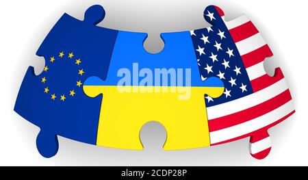 Des énigmes avec des drapeaux de l'Ukraine, de l'UE et des États-Unis se rassemblent. Le concept de coïncidence des intérêts dans la géopolitique. Illustration 3D Banque D'Images