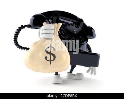 Personnage de téléphone tenant sac d'argent isolé sur fond blanc Banque D'Images