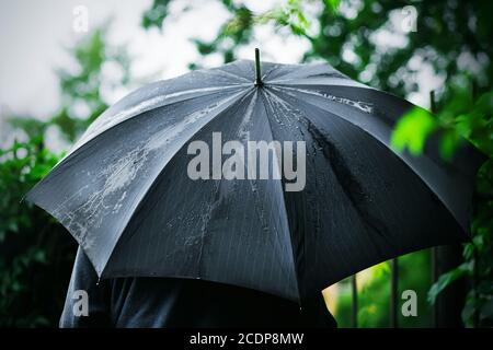 Un homme dans une veste avec un parapluie mouillé noir après la pluie se dresse parmi le feuillage vert des arbres en été. Météo. Banque D'Images