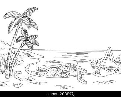 Graphique de la côte de mer noir blanc paysage dessin vecteur d'illustration Illustration de Vecteur