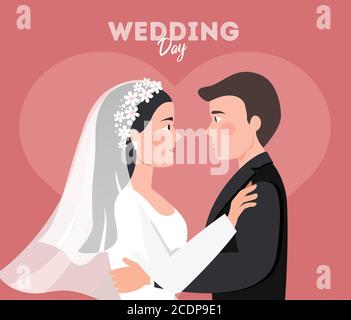 Scénario d'illustration du jour de mariage, mariage couple conception plate, ensemble lune de miel, concept de mariage, illustration de mariée et de marié, couple marié Illustration de Vecteur