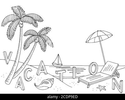 Sea Coast Beach graphique noir blanc paysage esquisse illustration vecteur Illustration de Vecteur