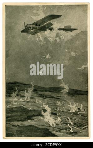 Carte postale historique allemande : tir à l'avion depuis le sol avec des mitrailleuses et des anti-mitrailleuses, la première guerre mondiale 1914-1918. Allemagne Banque D'Images