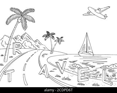 Graphique de voyage route de la côte de mer noir blanc paysage dessin illustration vecteur Illustration de Vecteur