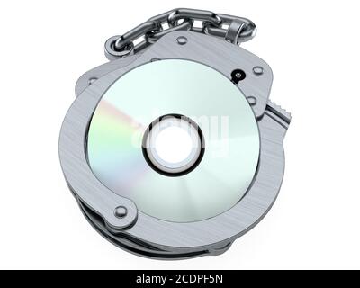 Disque compact avec menottes isolées sur fond blanc Banque D'Images
