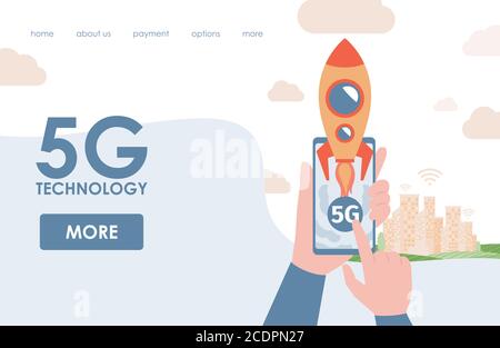 Modèle vectoriel de page d'arrivée de la technologie 5G avec espace de texte. Mains tenant smartphone avec technologie réseau sans fil 5G rapide, et fusée de vol vers le ciel. Concept haute vitesse. Illustration de Vecteur