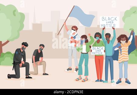 Les policiers prennent le genou devant les manifestants dans un scénario de parc urbain. Les gens qui se rencontrent, qui tiennent des drapeaux et des bannières avec Black Lives comptent des mots. Arrêter le racisme. Illustration de Vecteur