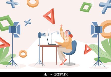 Illustration vectorielle à plat en streaming en ligne. Jeune femme jouant à des jeux vidéo sur ordinateur portable et faisant des enregistrements vidéo. Podcast sur les jeux vidéo, les médias sociaux, le concept de vlogger. Illustration de Vecteur