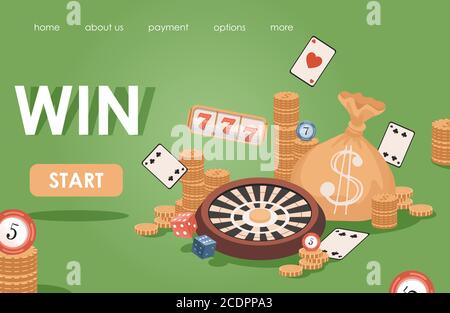 Modèle de bannière plate de vecteur de casino en ligne avec espace de texte. Pièces de monnaie d'or, cartes à jouer, machines à sous, jetons de poker et illustration vectorielle de roulette. Jeu, jackpot, jeux avec le concept de fortune. Illustration de Vecteur