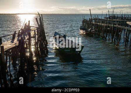 Des quais de pêcheurs construits sur pilotis au quai Palafitique de Carrasqueira à Comporta, Portugal, Europe Banque D'Images