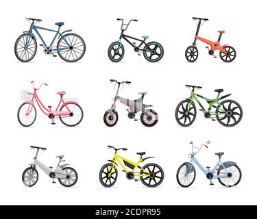 Ensemble de vélos différents. Vélos bleus, rouges, roses, verts, gris et jaunes isolés sur fond blanc. Moderne et écologique, transport urbain personnel, gadget de transport, concept de mode de vie actif. Illustration de Vecteur