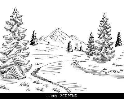 Mountain Lake graphique noir blanc paysage dessin illustration vecteur Illustration de Vecteur