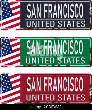 Collection de panneaux d'étain vintage avec souvenirs rétro de la ville américaine de San Francisco ou modèles de carte postale sur fond vintage. Illustration de Vecteur