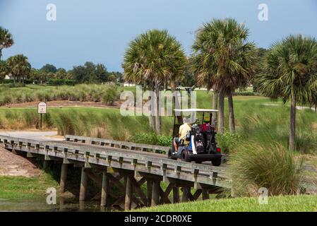 Père & fils traversant le pont de voiturette de golf sur un Parcours de golf de Floride Banque D'Images