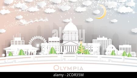 Olympia Washington City Skyline en papier coupé avec flocons de neige, Lune et Neon Garland. Illustration vectorielle. Concept Noël et nouvel an. Illustration de Vecteur
