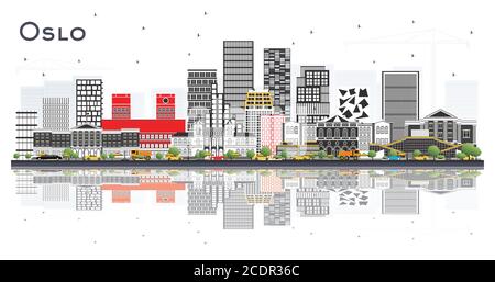 Oslo Norvège Skyline avec bâtiments gris et réflexions isolées sur blanc. Illustration vectorielle. Voyages d'affaires et tourisme. Illustration de Vecteur