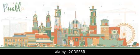 Vue panoramique de Puebla Mexico avec bâtiments couleur. Illustration vectorielle. Concept de tourisme avec architecture historique et moderne. Illustration de Vecteur