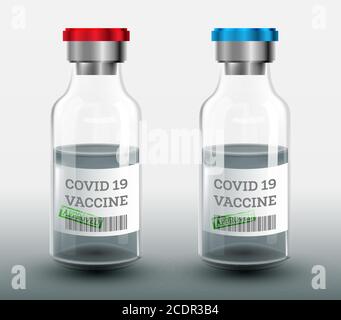 Deux flacons de vaccin pour Covid-19. Illustration vectorielle. Médecine de vaccination. Modèle avec ampoule médicale en verre transparent. Illustration de Vecteur