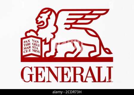 Macon, France - 15 mars 2020 : logo Generali sur un mur. Generali est la plus grande compagnie d'assurance en Italie et la troisième au monde Banque D'Images