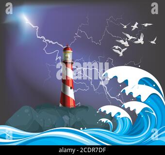 Phare sur affleurement rocheux offrant une protection à l'expédition avec les vagues de l'océan se brisent contre un ciel d'orage spectaculaire Illustration de Vecteur