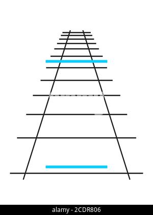 Image d'illusion de Ponzo noir et blanc. Illusion optique. Illusion de Ponzo. Les deux lignes horizontales bleues ont la même longueur, mais le cerveau humain ne pense pas Banque D'Images