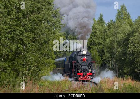 RUSKEALA, RUSSIE - 15 AOÛT 2020 : train rétro 'Ruskeala Express' dans la forêt d'été. Carélie