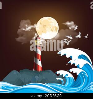 Phare sur affleurement rocheux offrant une protection à l'expédition avec vagues de l'océan sur fond de ciel lunaire Illustration de Vecteur