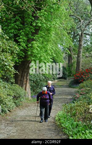 Couple marchant dans Mount Congreve Estate, Kilmeadon, Co. Waterford, Eire. Avril. Banque D'Images