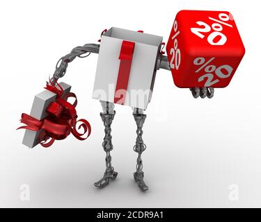 La remise est le meilleur cadeau. Ouvrir la boîte cadeau sous forme de cyborg debout sur la surface blanche et contient le cube rouge étiqueté avec 20 pourcentages Banque D'Images