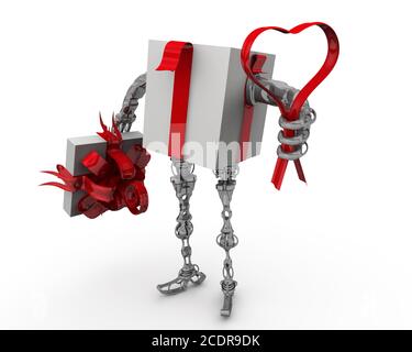 Un cadeau à vos proches. La boîte cadeau ouverte (style cyborg) tient dans sa main le symbole coeur en ruban rouge. Illustration 3D Banque D'Images