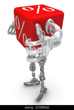 Excellent pourcentage. Cube rouge avec des symboles de pourcentage dans un style cyborg, montrant le pouce vers le haut, sur la surface blanche. Illustration 3D Banque D'Images
