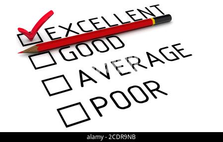 L'évaluation est excellente. Fiche d'évaluation avec coche rouge sur le point de L'EXCELLENT et du crayon rouge. Isolé. Illustration 3D Banque D'Images