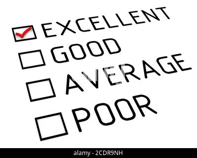 L'évaluation est excellente. Fiche d'évaluation avec coche rouge sur le point d'EXCELLENT. Isolé. Illustration 3D Banque D'Images