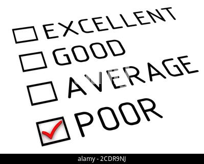 L'évaluation est mauvaise. Fiche d'évaluation avec coche rouge sur le point de MAUVAISE qualité et crayon rouge. Isolé. Illustration 3D Banque D'Images