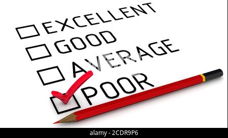 L'évaluation est mauvaise. Fiche d'évaluation avec coche rouge sur le point de MAUVAISE qualité et crayon rouge. Isolé. Illustration 3D Banque D'Images