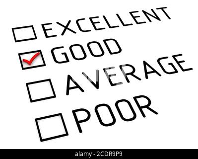 Bien. Rétroaction ou évaluation. Fiche d'évaluation avec coche rouge sur le point de BON. Isolé. Illustration 3D Banque D'Images