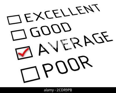 Fiche d'évaluation avec coche rouge sur le point de MOYENNE. Isolé. Illustration 3D Banque D'Images