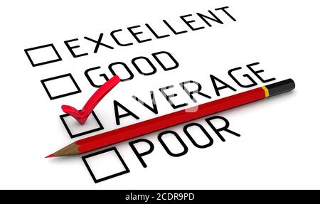 L'évaluation est moyenne. Feuille d'évaluation avec coche rouge sur le point de MOYENNE et crayon rouge. Isolé. Illustration 3D Banque D'Images