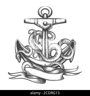 Bateau ancre et poulpes tentacules avec ruban Tatto dans le style engraving. Illustration vectorielle. Illustration de Vecteur