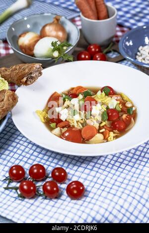 Minestrone au chou de Savoie, carottes, haricots blancs, Cobbettis et tomates Banque D'Images