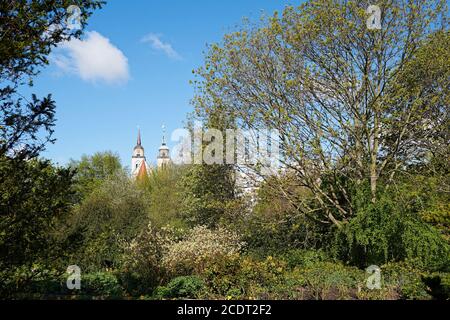 L'église Saint Johannes à Magdebourg depuis les rives de l'Elbe Banque D'Images