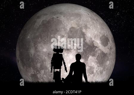 Homme et son ami robot regardant sur la lune. Concept futur, intelligence artificielle Banque D'Images